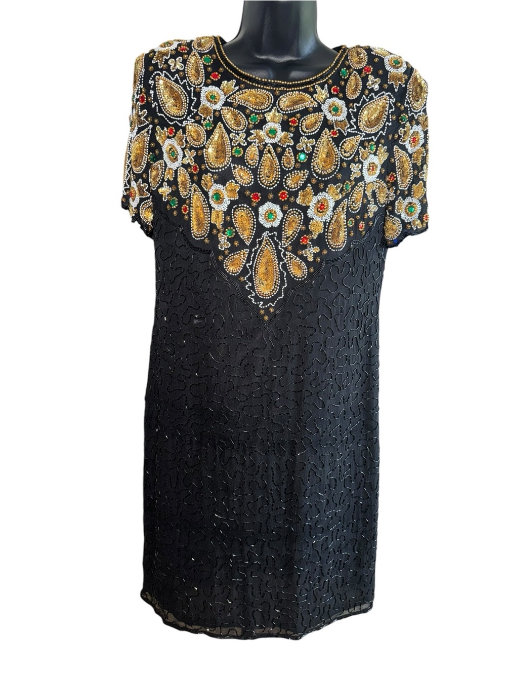 Vintage Sweelo Silk Beaded Sequin Cocktail Party Dress Black Gold Large